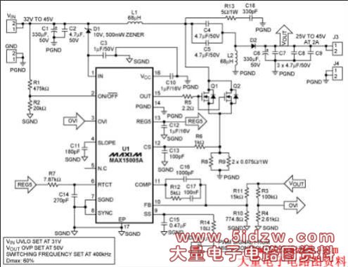 Figure 1. Schematic of the MAX15005A SEPIC converter for FSW = 400kHz.