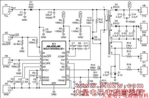  Figure 1: Schematic of the MAX15005B Fly back converter for FSW = 22kHz.