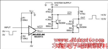 Figure 3. This circuit translates negative output to positive output pulses. It operates with a negative comparator supply and a positive system supply.