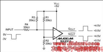 Figure 1. Operating on a positive supply, this circuit accepts negative input pulses and produces complementary bipolar outputs.