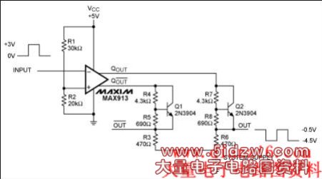 Figure 4. This circuit translates positive output to negative output pulses. It operates with a positive comparator supply and a negative system supply.