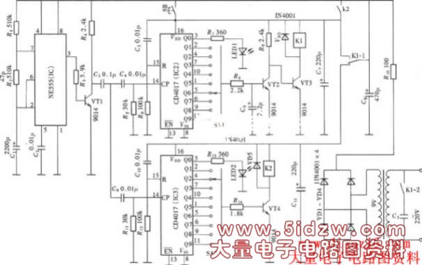 具有开、停预置功能的循环定时器(CD4017、NE555)电路