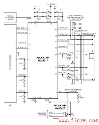Figure 4. The MAX9511 drives multiple outputs. Adjustable filtering is controlled by the MAX5432 I2C-adjustable digital potentiometer.